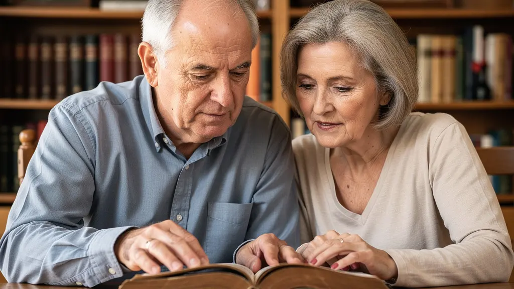 Couple partageant la découverte d'un fac-similé de manuscrit dans leur bibliothèque