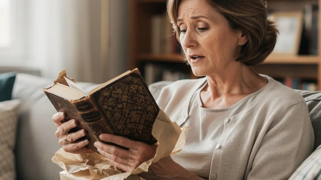 Femme découvrant un fac-similé de manuscrit littéraire dans un emballage cadeau