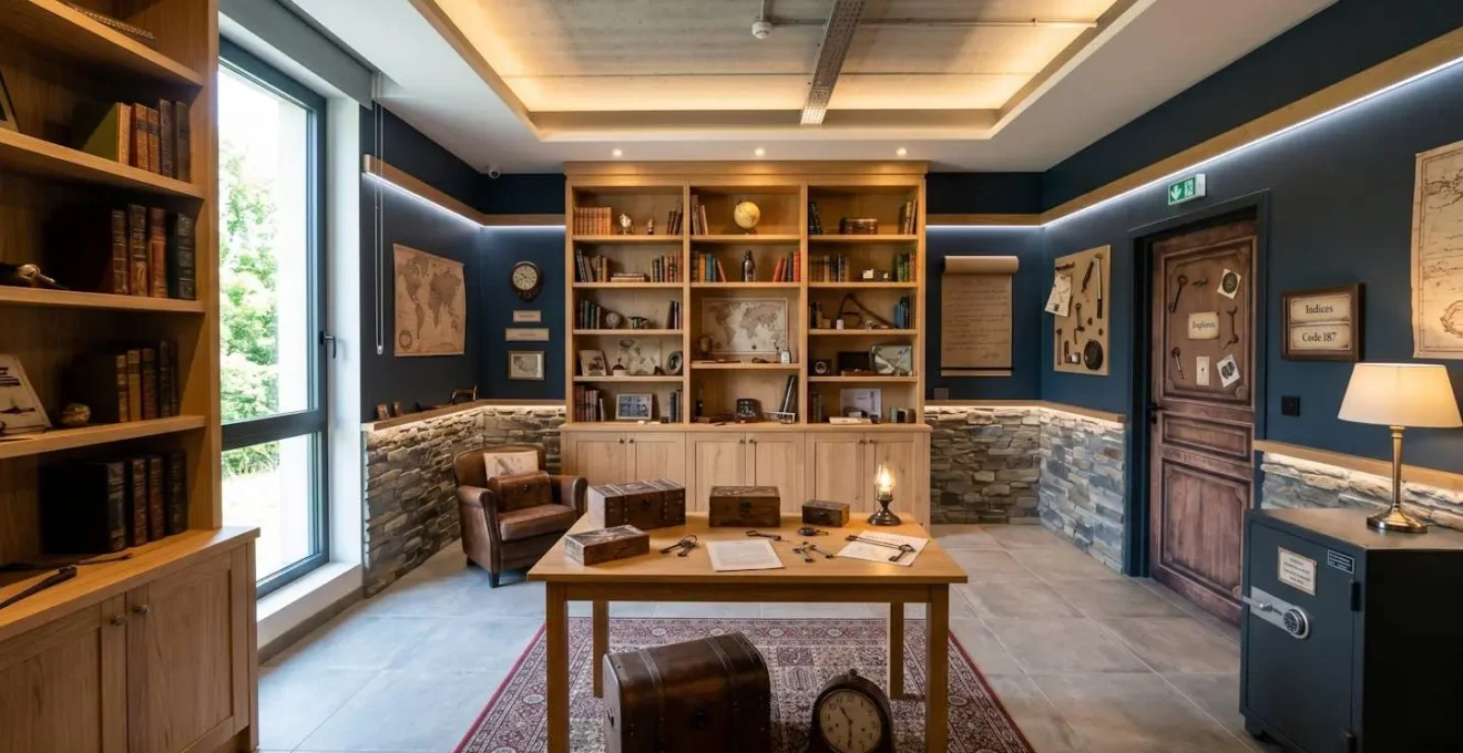 Intérieur d'une salle d'escape game thématique vide avec décor immersif contemporain, éclairage d'ambiance chaleureux, lignes architecturales modernes